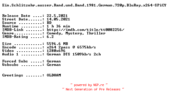 NFO for the release Ein.Schlitzohr.ausser.Rand.und.Band.1981.German.720p.BluRay.x264-SPiCY by SPiCY