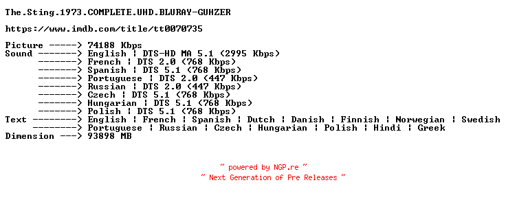 NFO for the release The.Sting.1973.COMPLETE.UHD.BLURAY-GUHZER by GUHZER