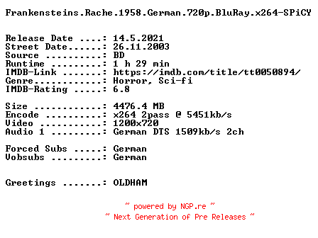 NFO for the release Frankensteins.Rache.1958.German.720p.BluRay.x264-SPiCY by SPiCY