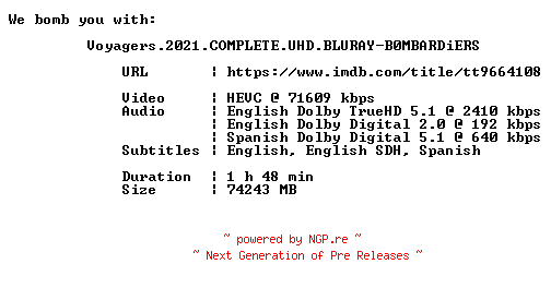 NFO for the release Voyagers.2021.COMPLETE.UHD.BLURAY-B0MBARDiERS by B0MBARDiERS
