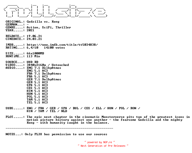 NFO for the release Godzilla.vs.Kong.2021.MULTi.COMPLETE.UHD.BLURAY-FULLSiZE by FULLSiZE