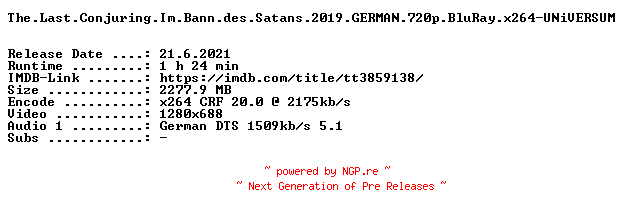 NFO for the release The.Last.Conjuring.Im.Bann.des.Satans.2019.GERMAN.720p.BluRay.x264-UNiVERSUM by UNiVERSUM