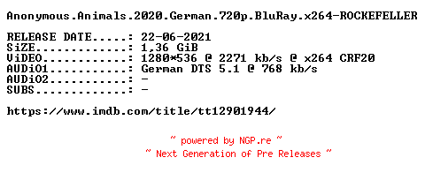 NFO for the release Anonymous.Animals.2020.German.720p.BluRay.x264-ROCKEFELLER by ROCKEFELLER