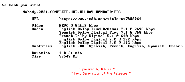 NFO for the release Nobody.2021.COMPLETE.UHD.BLURAY-B0MBARDiERS by B0MBARDiERS