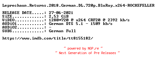 NFO for the release Leprechaun.Returns.2018.German.720p.BluRay.x264-ROCKEFELLER by ROCKEFELLER