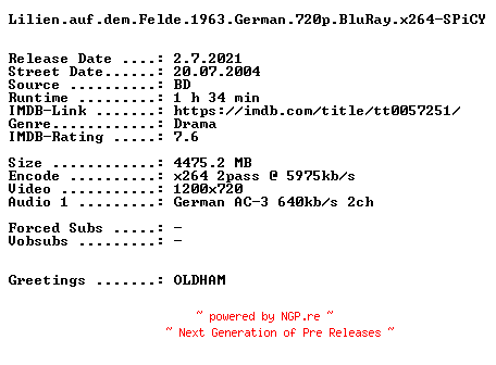 NFO for the release Lilien.auf.dem.Felde.1963.German.720p.BluRay.x264-SPiCY by SPiCY