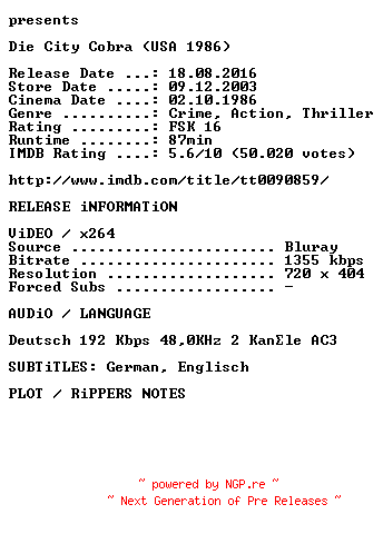 NFO for the release Die.City.Cobra.German.1986.AC3.BDRip.x264.iNTERNAL-KULTFiLME by KULTFiLME