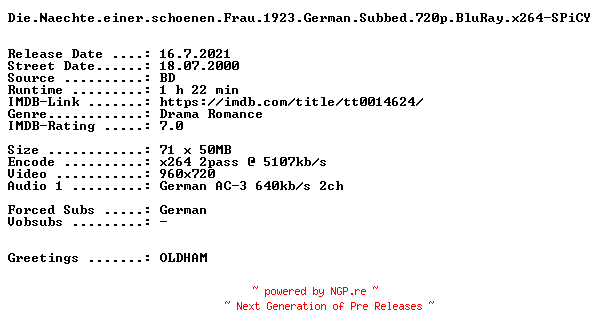 NFO for the release Die.Naechte.einer.schoenen.Frau.1923.German.Subbed.720p.BluRay.x264-SPiCY by SPiCY