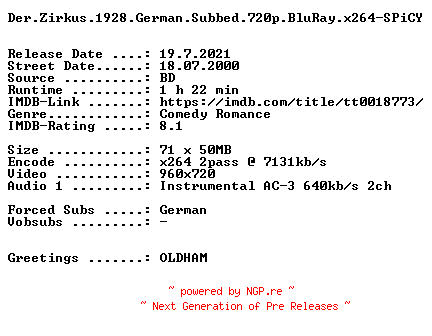 NFO for the release Der.Zirkus.1928.German.Subbed.720p.BluRay.x264-SPiCY by SPiCY