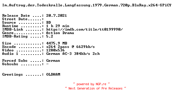 NFO for the release Im.Auftrag.der.Todeskralle.Langfassung.1979.German.720p.BluRay.x264-SPiCY by SPiCY