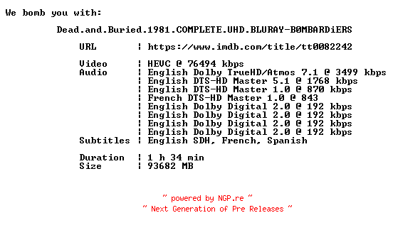 NFO for the release Dead.and.Buried.1981.COMPLETE.UHD.BLURAY-B0MBARDiERS by B0MBARDiERS