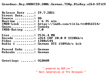 NFO for the release Grandmas.Boy.UNRATED.2006.German.720p.BluRay.x264-SPiCY by SPiCY