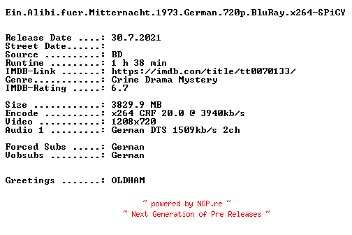 NFO for the release Ein.Alibi.fuer.Mitternacht.1973.German.720p.BluRay.x264-SPiCY by SPiCY
