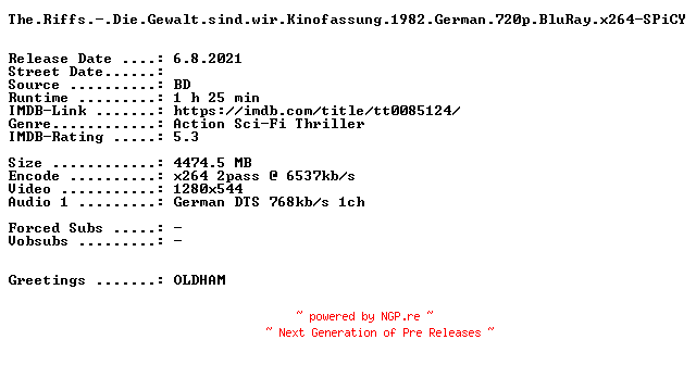 NFO for the release The.Riffs.-.Die.Gewalt.sind.wir.Kinofassung.1982.German.720p.BluRay.x264-SPiCY by SPiCY