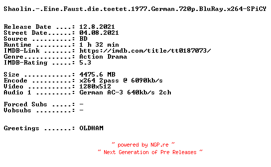 NFO for the release Shaolin.-.Eine.Faust.die.toetet.1977.German.720p.BluRay.x264-SPiCY by SPiCY