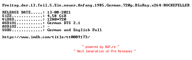 NFO for the release Freitag.der.13.Teil.5.Ein.neuer.Anfang.1985.German.720p.BluRay.x264-ROCKEFELLER by ROCKEFELLER