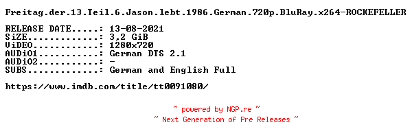 NFO for the release Freitag.der.13.Teil.6.Jason.lebt.1986.German.720p.BluRay.x264-ROCKEFELLER by ROCKEFELLER