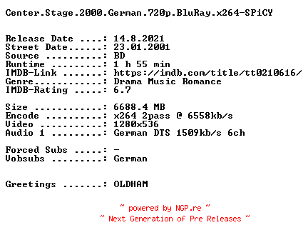 NFO for the release Center.Stage.2000.German.720p.BluRay.x264-SPiCY by SPiCY