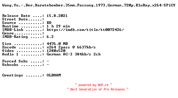 NFO for the release Wang.Yu.-.Der.Karatebomber.35mm.Fassung.1973.German.720p.BluRay.x264-SPiCY by SPiCY