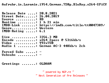 NFO for the release Aufruhr.in.Laramie.1954.German.720p.BluRay.x264-SPiCY by SPiCY