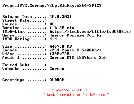NFO for the release Frogs.1972.German.720p.BluRay.x264-SPiCY by SPiCY