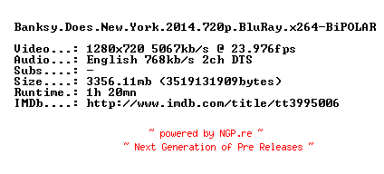 NFO for the release Banksy.Does.New.York.2014.720p.BluRay.x264-BiPOLAR by BiPOLAR