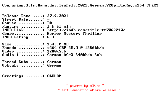 NFO for the release Conjuring.3.Im.Bann.des.Teufels.2021.German.720p.BluRay.x264-SPiCY by SPiCY