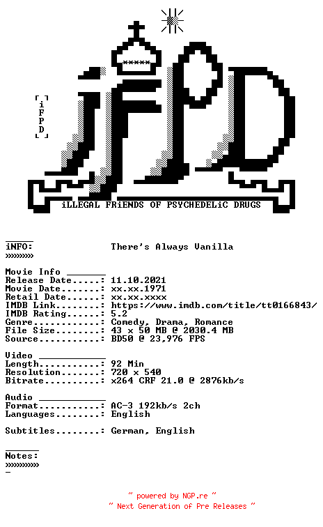 NFO for the release Theres.Always.Vanilla.German.Subbed.1971.AC3.BDRiP.x264-iFPD by iFPD