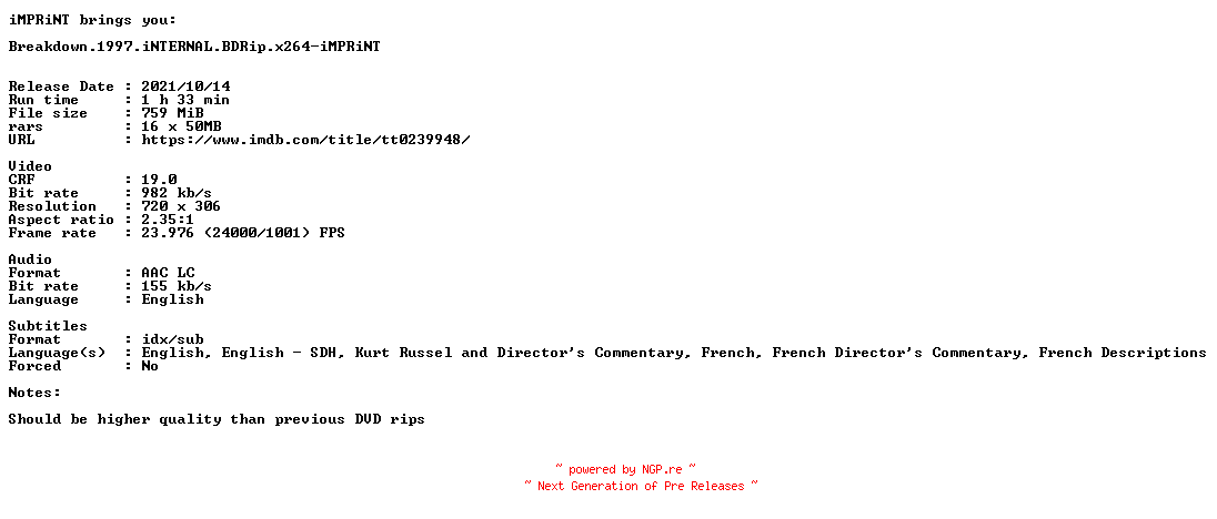 NFO for the release Breakdown.1997.iNTERNAL.BDRip.x264-iMPRiNT by iMPRiNT