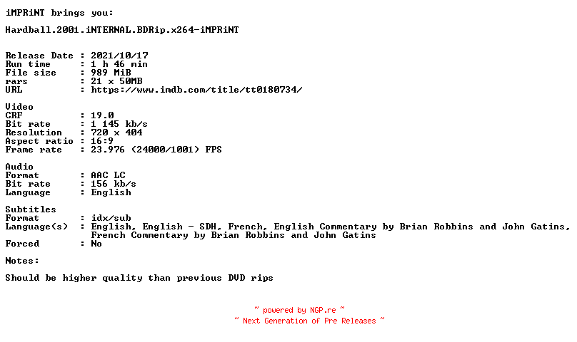 NFO for the release Hardball.2001.iNTERNAL.BDRip.x264-iMPRiNT by iMPRiNT