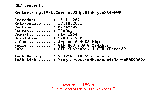 NFO for the release Erster.Sieg.1965.German.720p.BluRay.x264-RWP by RWP