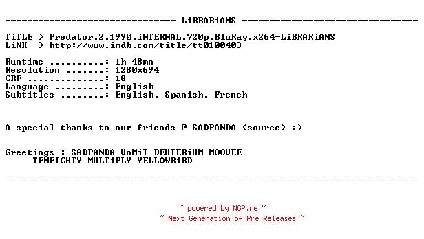 NFO for the release Predator.2.1990.iNTERNAL.720p.BluRay.x264-LiBRARiANS by LiBRARiANS