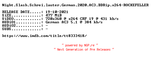 NFO for the release Night.Slash.Schrei.lauter.German.2020.AC3.BDRip.x264-ROCKEFELLER by ROCKEFELLER
