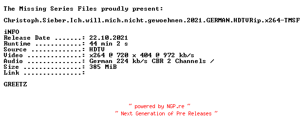 NFO for the release Christoph.Sieber.Ich.will.mich.nicht.gewoehnen.2021.GERMAN.HDTVRip.x264-TMSF by TMSF