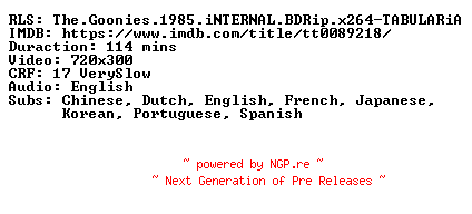 NFO for the release The.Goonies.1985.iNTERNAL.BDRip.x264-TABULARiA by TABULARiA