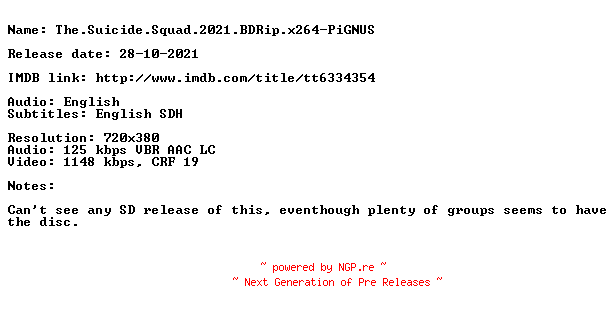 NFO for the release The.Suicide.Squad.2021.BDRip.x264-PiGNUS by PiGNUS
