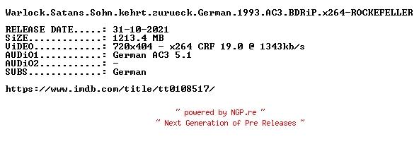 NFO for the release Warlock.Satans.Sohn.kehrt.zurueck.German.1993.AC3.REMASTERED.BDRiP.x264-ROCKEFELLER by ROCKEFELLER