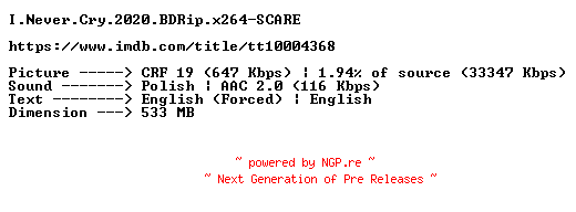 NFO for the release I.Never.Cry.2020.BDRip.x264-SCARE by SCARE