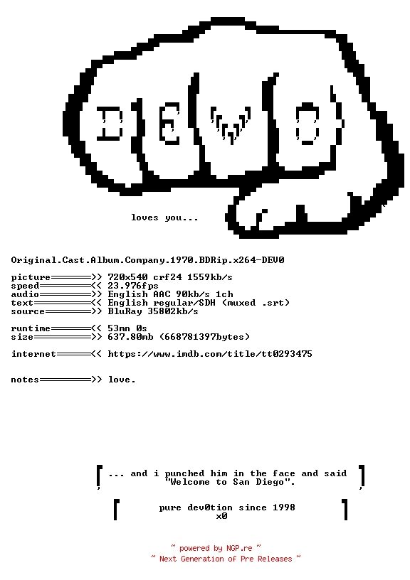 NFO for the release Original.Cast.Album.Company.1970.BDRip.x264-DEV0 by DEV0