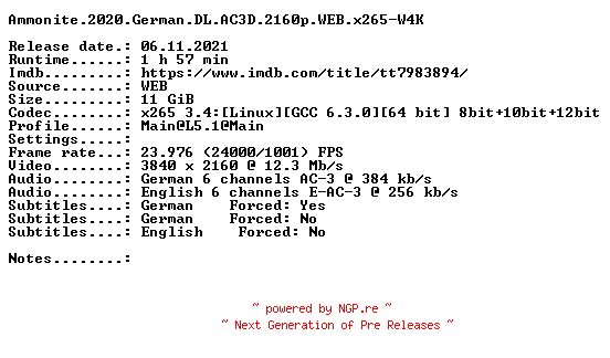 NFO for the release Ammonite.2020.German.DL.AC3D.2160p.WEB.x265-W4K by W4K