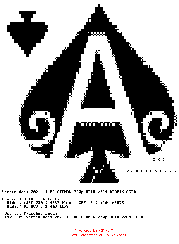 NFO for the release Wetten.dass.2021-11-06.GERMAN.720p.HDTV.x264.DIRFIX-ACED by ACED