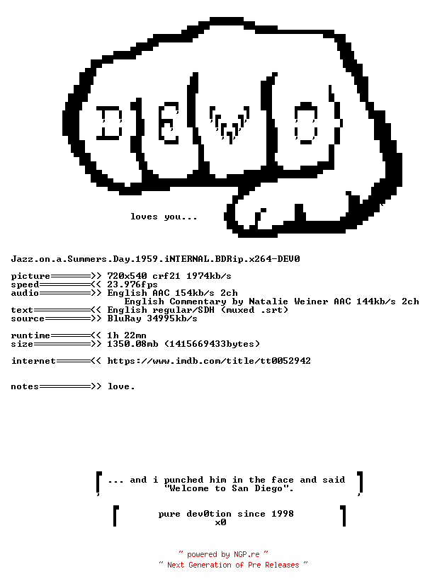 NFO for the release Jazz.on.a.Summers.Day.1959.iNTERNAL.BDRip.x264-DEV0 by DEV0