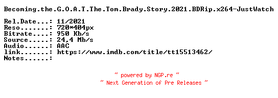 NFO for the release Becoming.the.G.O.A.T.The.Tom.Brady.Story.2021.BDRip.x264-JustWatch by JustWatch