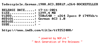 NFO for the release Todesspiele.German.1988.AC3.BDRiP.x264-ROCKEFELLER by ROCKEFELLER