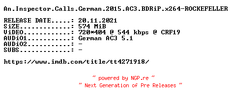 NFO for the release An.Inspector.Calls.German.2015.AC3.BDRiP.x264-ROCKEFELLER by ROCKEFELLER