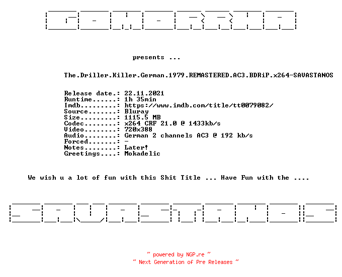 NFO for the release The.Driller.Killer.German.1979.REMASTERED.AC3.BDRiP.x264-SAVASTANOS by SAVASTANOS
