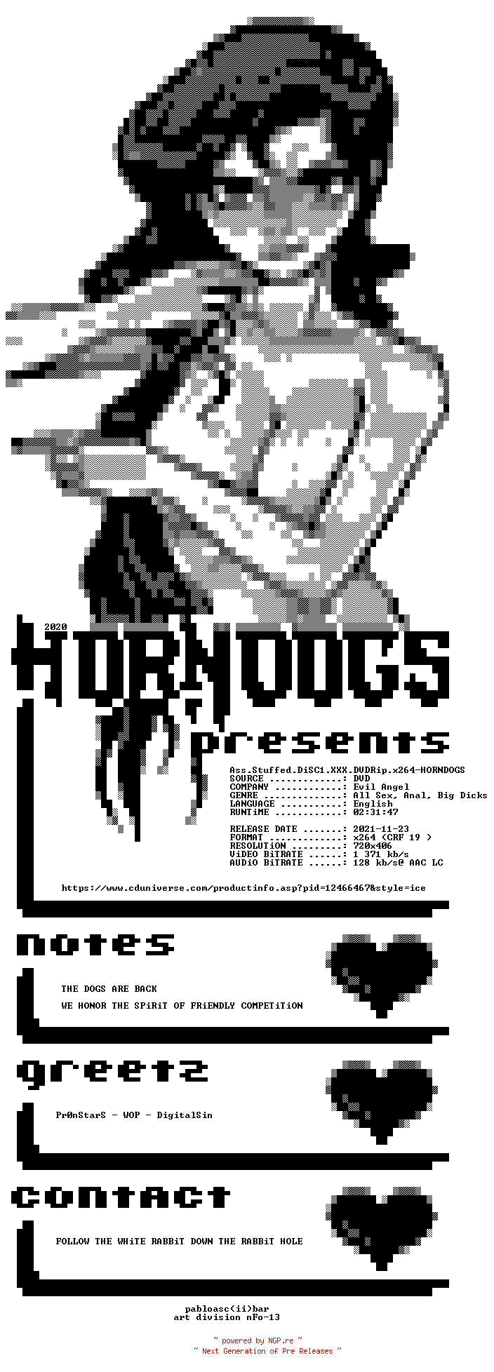 NFO for the release Ass.Stuffed.DiSC1.XXX.DVDRip.x264-HORNDOGS by HORNDOGS