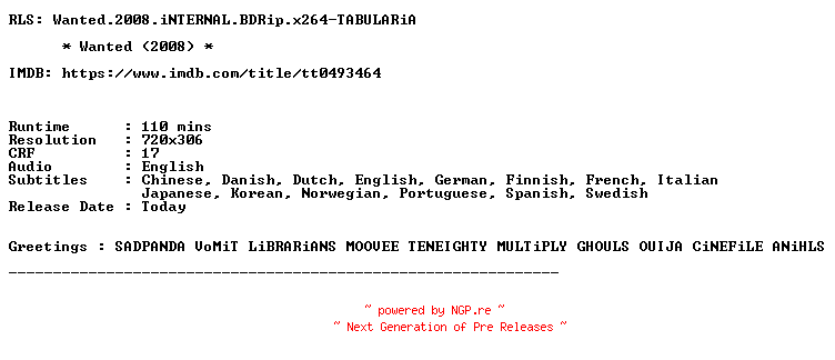 NFO for the release Wanted.2008.iNTERNAL.BDRip.x264-TABULARiA by TABULARiA