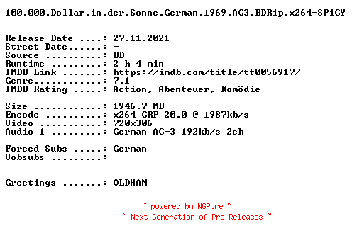NFO for the release 100.000.Dollar.in.der.Sonne.German.1969.AC3.BDRip.x264-SPiCY by SPiCY