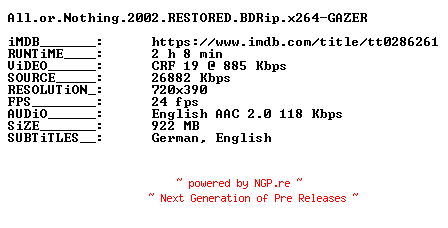 NFO for the release All.or.Nothing.2002.RESTORED.BDRip.x264-GAZER by GAZER